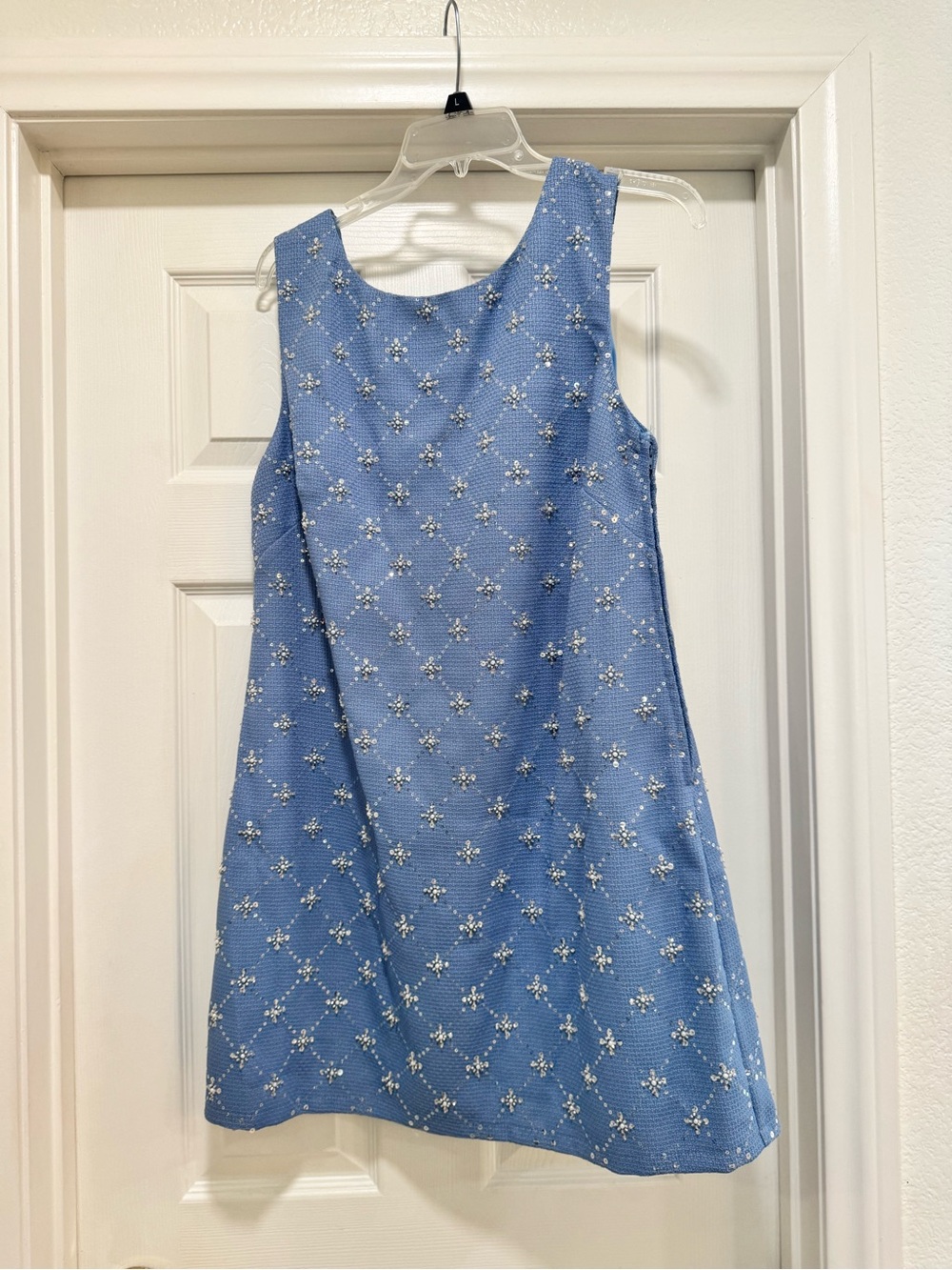 Blue Textured Sleeveless A-Line Dress with White Floral Embroidery